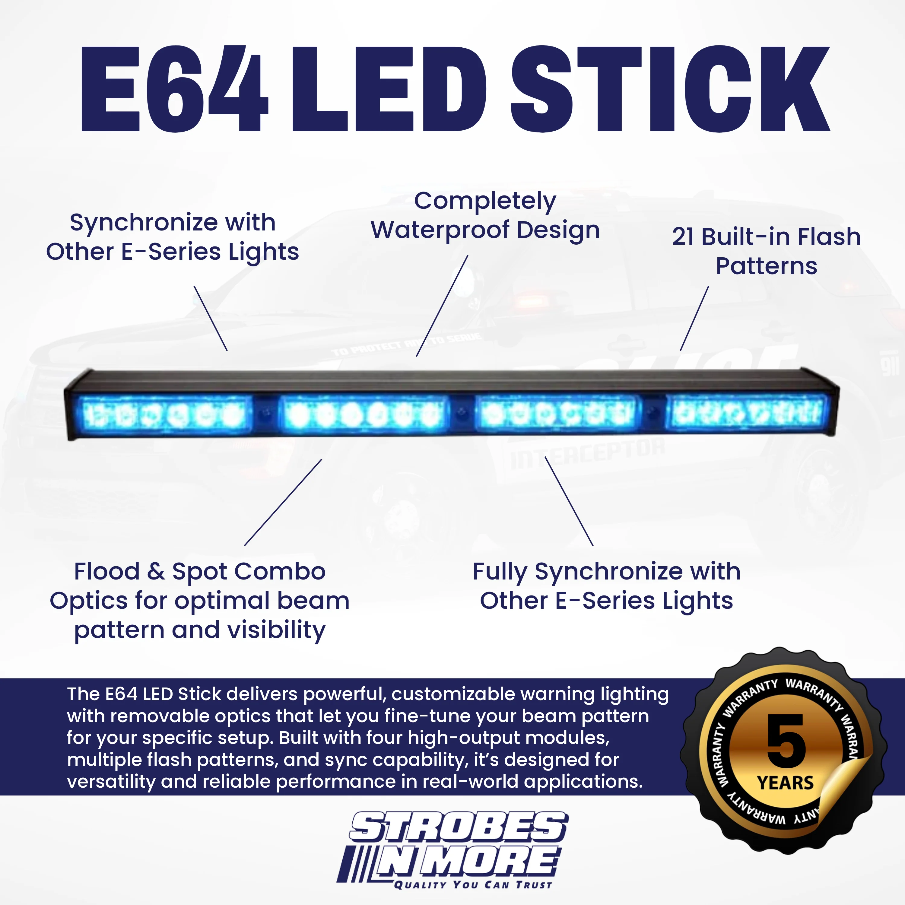 Strobes N' More E64 LED Stick with REMOVABLE OPTICS! - Image 2